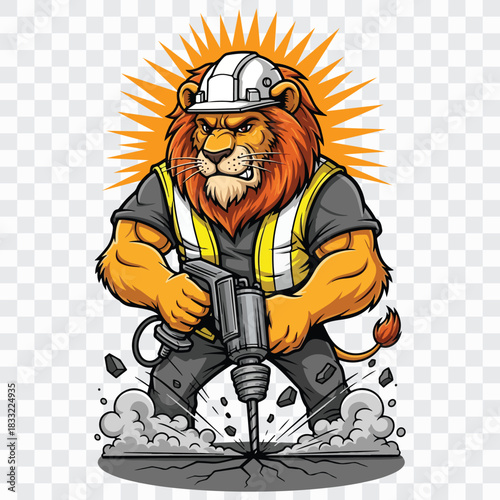 A determined lion construction worker operates a jackhammer, breaking through asphalt with force, wearing a hard hat and safety vest, radiating energy and focus on the task at hand