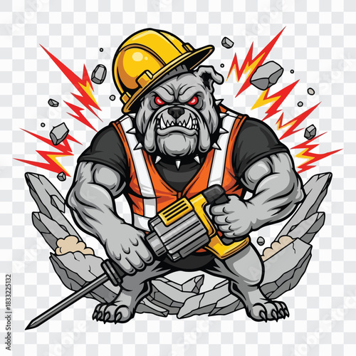 A muscular bulldog wearing a construction helmet and vest, fiercely operating a jackhammer amidst shattered concrete and vibrant red lightning bolts, showcasing determination and power