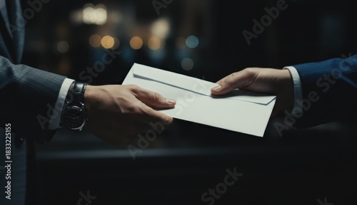 Hands of two businessmen exchanging a confidential white envelope in a dark, low-key setting, suggesting a secret deal or bribery.