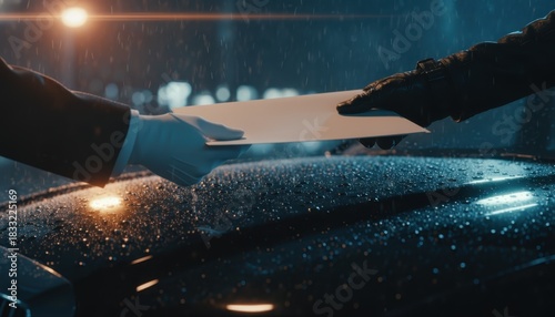 Clandestine exchange of a secret document or bribe over a wet car hood on a dark, rainy night. Espionage concept.