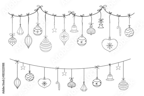 Christmas garland hanging balls set, stars snowflakes sketch elements decorating for the Christmas and New Year. Design element, winter border, header 