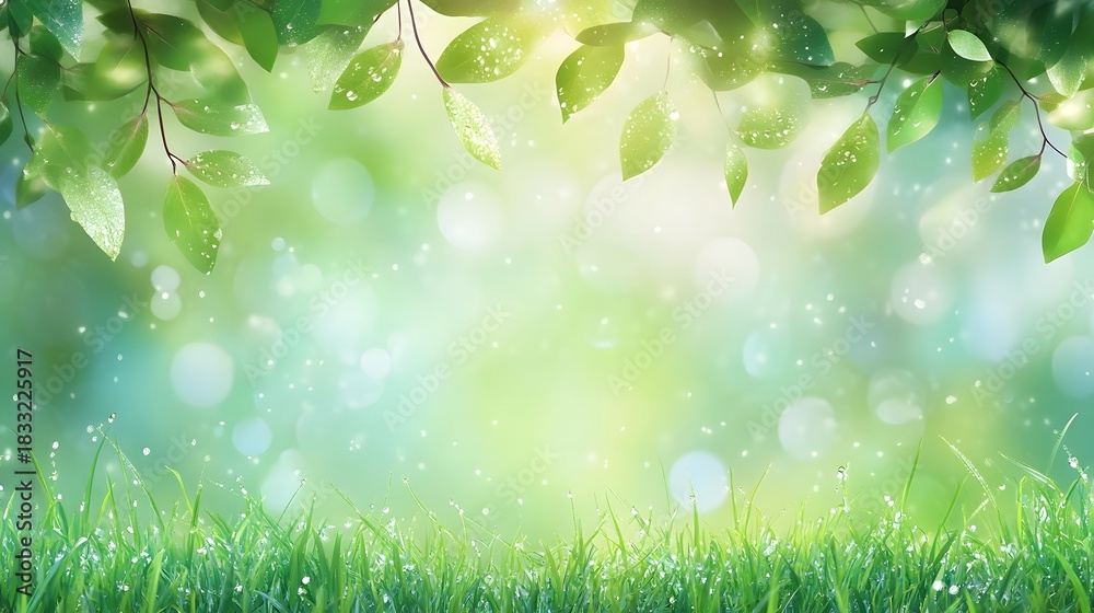 Fototapeta premium Lush green foliage drapes over a foreground of dewdrops clinging to vibrant grass blades