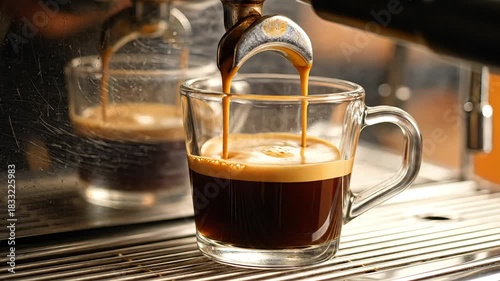Fresh espresso pouring into glass cup for morning caffeine boost and delicious taste