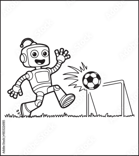 Cute robot playing football coloring page for kids, black line art vector illustration for technology book design elements