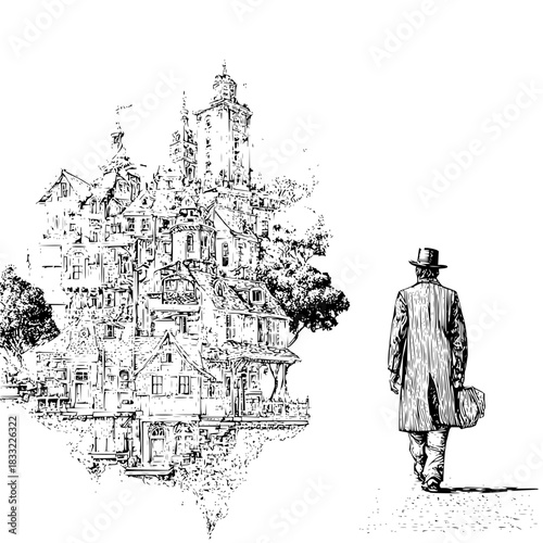 A traveler approaches a whimsical town with towering architecture and detailed linework illustration style