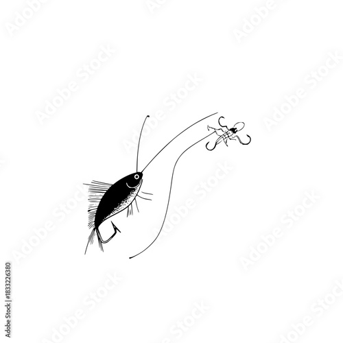 Fishing lure with a fish and hook in black and white illustration style vector design art 100 character