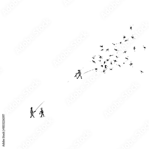 Sketch of people with fishing rods and a swarm of insects in a minimalist style drawing art 100