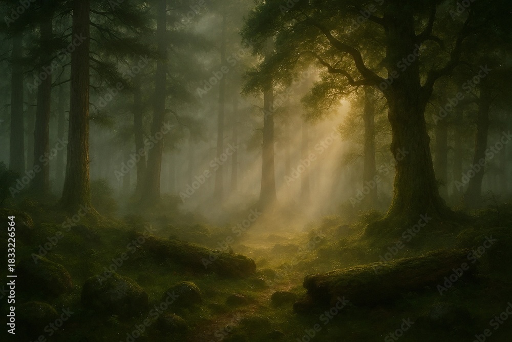 Naklejka premium Serene Misty Pine and Oak Forest at Dawn Glowing Light