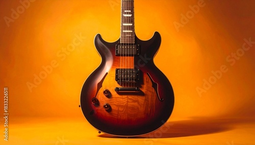 Electric Guitar with Glossy Wood Finish and Dual Humbuckers Against Warm Orange Background in Musical Close-Up