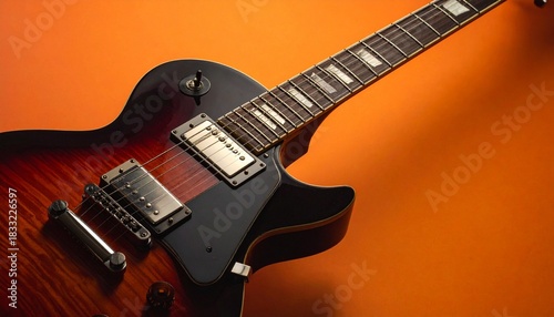 Electric Guitar with Glossy Wood Finish and Dual Humbuckers Against Warm Orange Background in Musical Close-Up