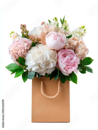 Elegant bouquet of pink and white peonies in a paper bag isolated on a plain background.