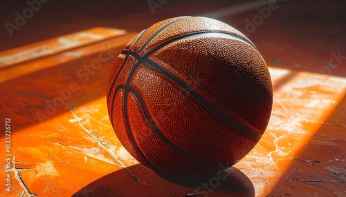 Basketball Resting in Sunbeam on Indoor Court Floor with Shadows and Glossy Wood Texture