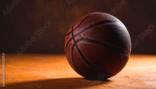 Basketball Resting in Sunbeam on Indoor Court Floor with Shadows and Glossy Wood Texture