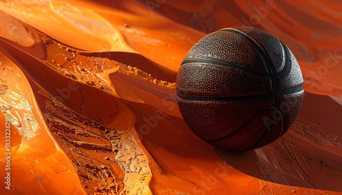 Basketball Resting in Sunbeam on Indoor Court Floor with Shadows and Glossy Wood Texture