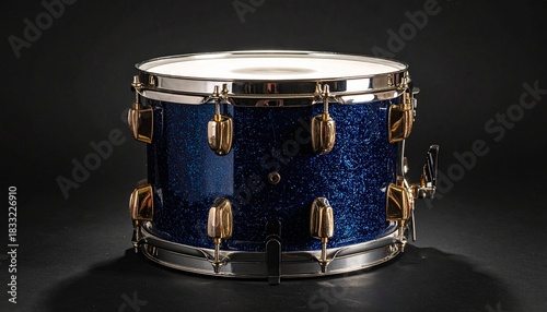 Blue Sparkle Tom Drum with Gold Hardware on Black Background in Percussion Close-Up Composition