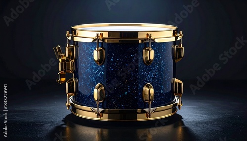 Blue Sparkle Tom Drum with Gold Hardware on Black Background in Percussion Close-Up Composition