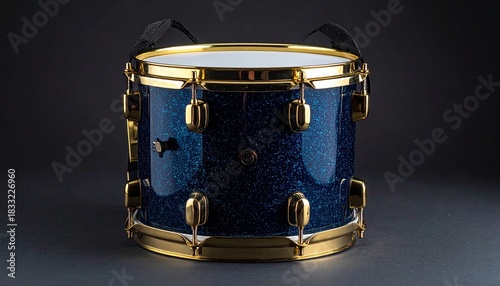 Blue Sparkle Tom Drum with Gold Hardware on Black Background in Percussion Close-Up Composition