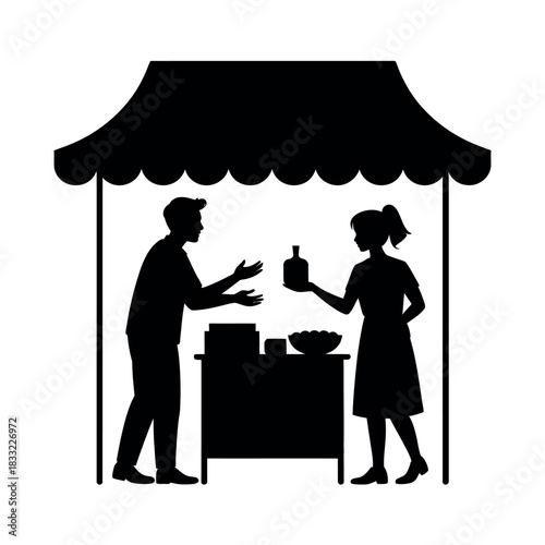 A vendor sells goods from a stall to a customer under a canopy.