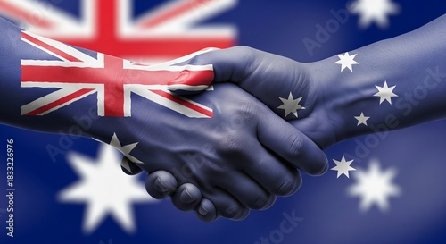 Handshake with australian flag painted on arm in front of flag