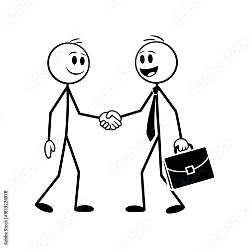 Two stick figures shake hands, one holding a briefcase, symbolizing a business agreement.