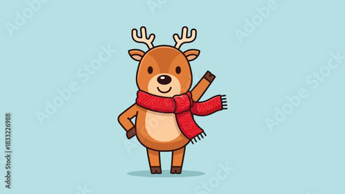 Adorable Christmas reindeer waving hello with festive scarf, perfect for holiday cards, seasonal promotions, and children's books, adding a touch of joyful charm
