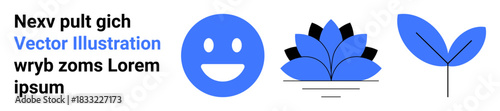 Wellness, nature, positivity, mindfulness, sustainability, growth. Blue smile, lotus flower and leaf designs in minimalistic style. Positivity and wellness concept