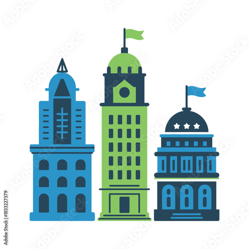 Three stylized buildings of varying heights stand side-by-side against a white background.