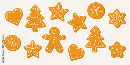 Set of festive gingerbread cookies in flat vector style. Christmas holiday sweets including stars, hearts, snowflakes, and gingerbread man, isolated decorative cookie illustrations