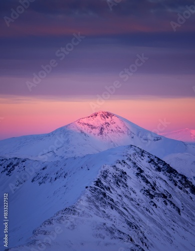 Serene Mountain Landscape with Sunset Glow Over Snowy Peaks
