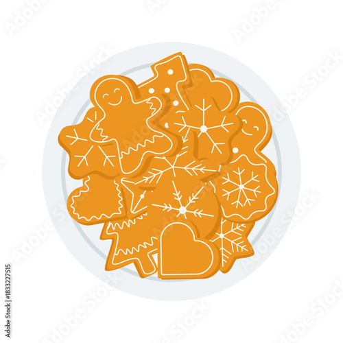 Plate of Christmas Gingerbread Cookies. Festive Holiday Treats Illustration with Gingerbread Cookies.