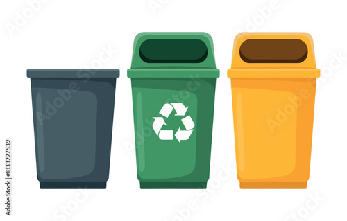 Three colorful trash cans stand side-by-side on a white background for recycling and waste management.