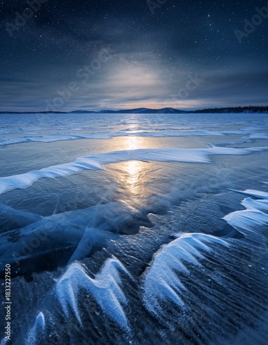 Moonlit Winter Landscape with Ice and Snow Covered Lake