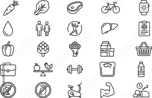 Health, Wellness, Fitness, and Nutrition Line Icons Set, Including Diet, Exercise, Food, Sport, Medical, Balance, Weight Loss, and Healthy Lifestyle Concepts