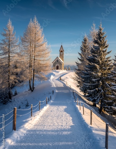 Scenic Winter Landscape with Church and Snow-Covered Pathway