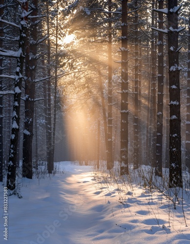 Serene Winter Forest with Sunbeams Through Trees and Snow