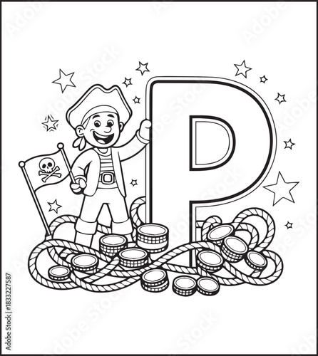 Cute pirate with flag, golds and alphabet P on sea black line art vector illustration, Adventure coloring page for kids and adults