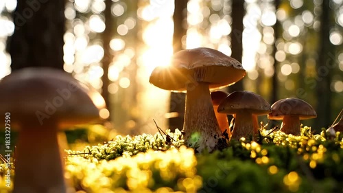 Sunlight dappled mushrooms rise from mossy forest floor a tranquil scene for nature lovers