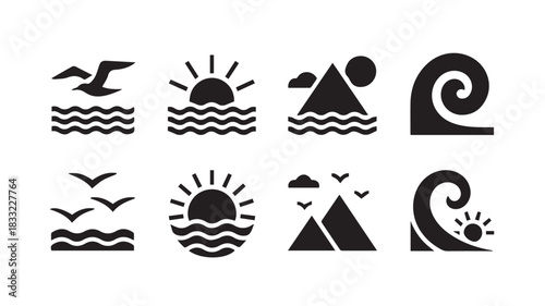 set of icons of mountains
