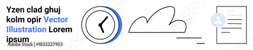 Time management, cloud computing, information sharing, productivity, communication, scheduling. Circular clock, cloud silhouette and document icon interconnected. Time management and cloud computing