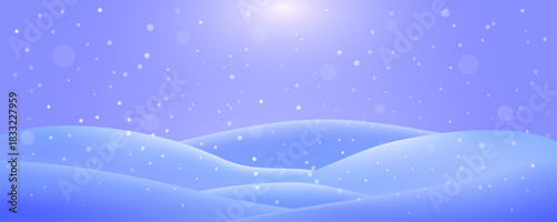 Minimalist winter background with smooth, rolling snow hills, falling snow, bokeh, and a pale purple sky. Winter landscape with soft snow. Editable vector illustration. 