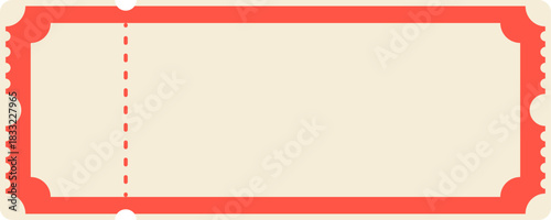 Blank red vintage ticket or coupon template mockup with perforated stub. Classic admit one carnival, raffle, cinema frame on beige. Editable vector illustration.