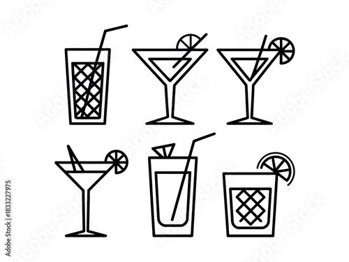A collection of six minimalist line art illustrations of various cocktail glasses and drinks, each garnished with a slice of citrus.