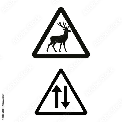 Warning sign illustration for a road crossing with a deer silhouette traffic signal and caution symbol suitable for safety campaigns and informational banners