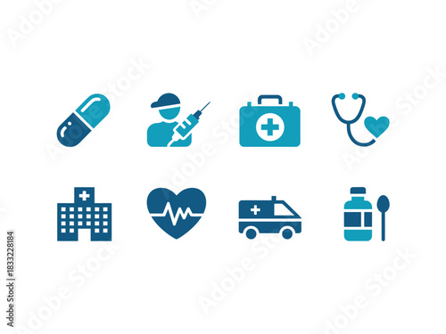 A collection of medical icons representing healthcare services, equipment, and treatments.