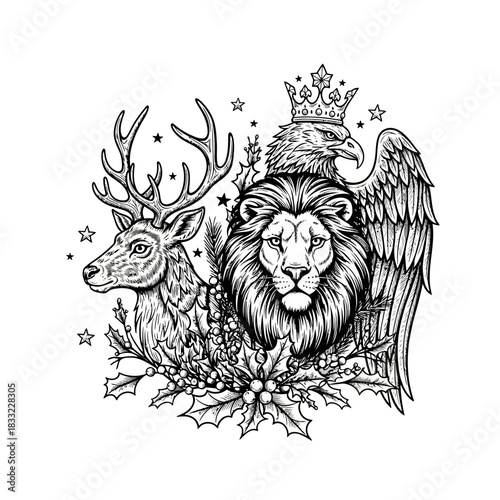Intricate heraldic crest featuring a lion eagle and deer adorned with holly stars and a crown in a detailed line art style