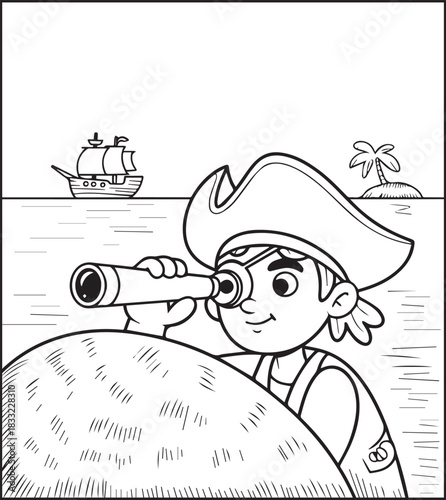 Cute pirate with ship on sea black line art vector illustration, Adventure coloring page for kids and adults