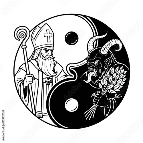 Saint Nicholas and Krampus in a yin yang symbol representing the duality of good and evil in folklore traditions