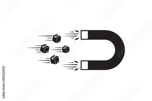 Magnet attracting shipping boxes silhouette Art Fast delivery logistics attraction sign