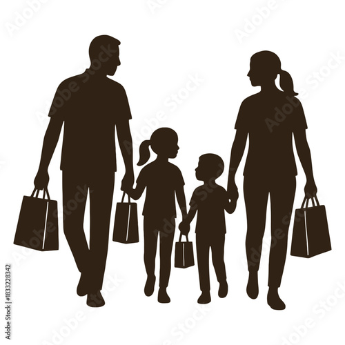 Happy diverse family with children and parents carrying colorful shopping bags enjoying a day out representing consumerism and lifestyle