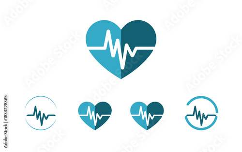 A collection of stylized heart icons with electrocardiogram lines, representing health and medical concepts.